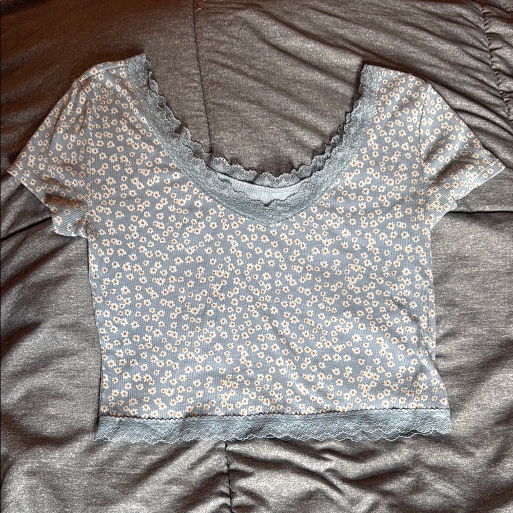 Aeropostale Light Blue Floral Lace Trim Tee